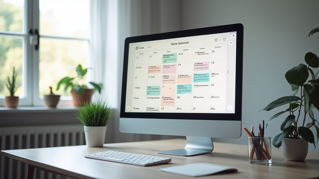 Medium shot of a minimalist desk setup with a sleek monitor showing a clean calendar interface with color-coded events