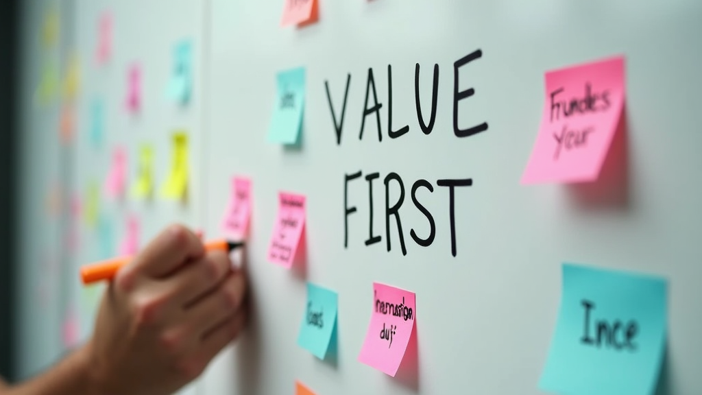 Close up shot of a hand writing on a whiteboard with colorful markers, brainstorming value propositions. Multiple sticky notes are visible with different ideas written on them. There's written "VALUE FIRST" with large bold font.