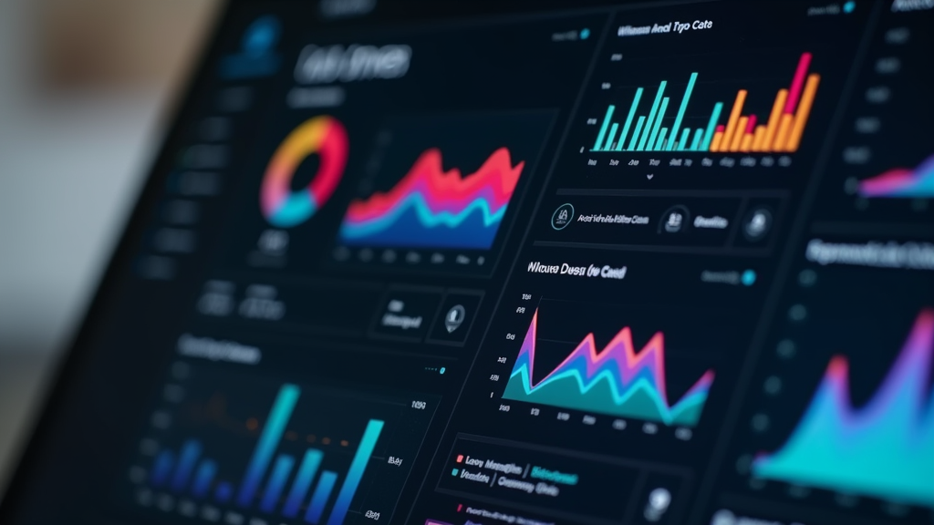 Medium shot of a clean, modern dashboard displaying various analytics graphs and metrics. Dark mode interface with colorful charts and clear typography. There's written "DATA DRIVEN" with large bold font.