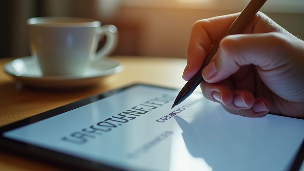 Close up shot of a hand writing on a digital tablet with a stylus, showing a clean and minimal note-taking interface