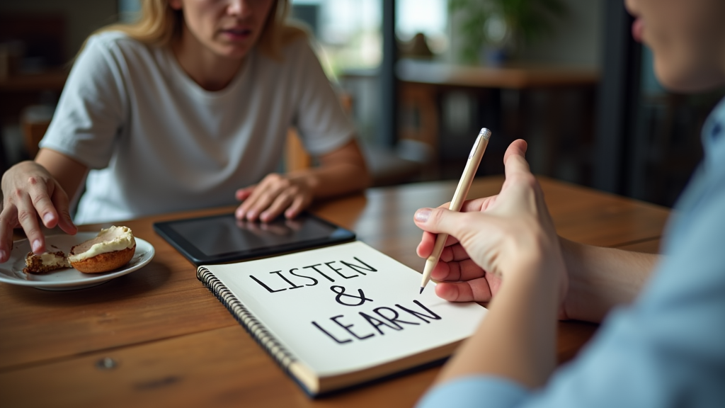 Close up shot of two people having an engaging conversation in a coffee shop setting. One person is taking notes on a tablet while the other is gesturing expressively. A half-finished coffee and pastry are visible on the table. There's written "LISTEN & LEARN" with large bold font on the notebook.