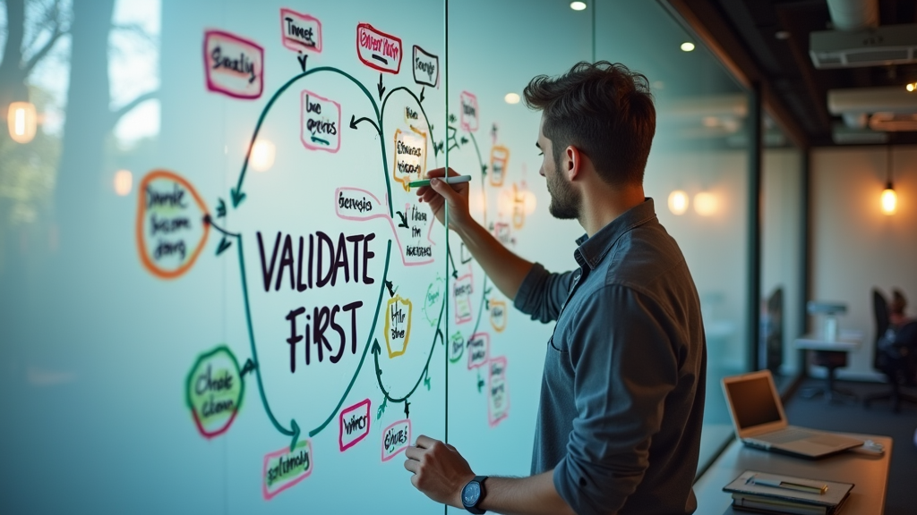 Medium shot of an entrepreneur working on a large mind map on a glass wall using colorful markers. The person is writing and connecting different elements with arrows. A laptop and notebook are visible on a nearby standing desk. There's written "VALIDATE FIRST" with large bold font on the glass wall.