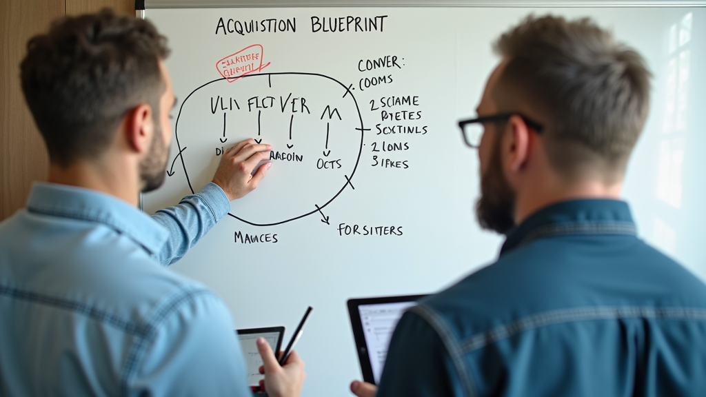 Medium shot of two marketing professionals collaborating at a whiteboard, mapping out customer acquisition channels. One person points to conversion metrics while the other takes notes on a tablet. There's written "ACQUISITION BLUEPRINT" with large bold font on the whiteboard.