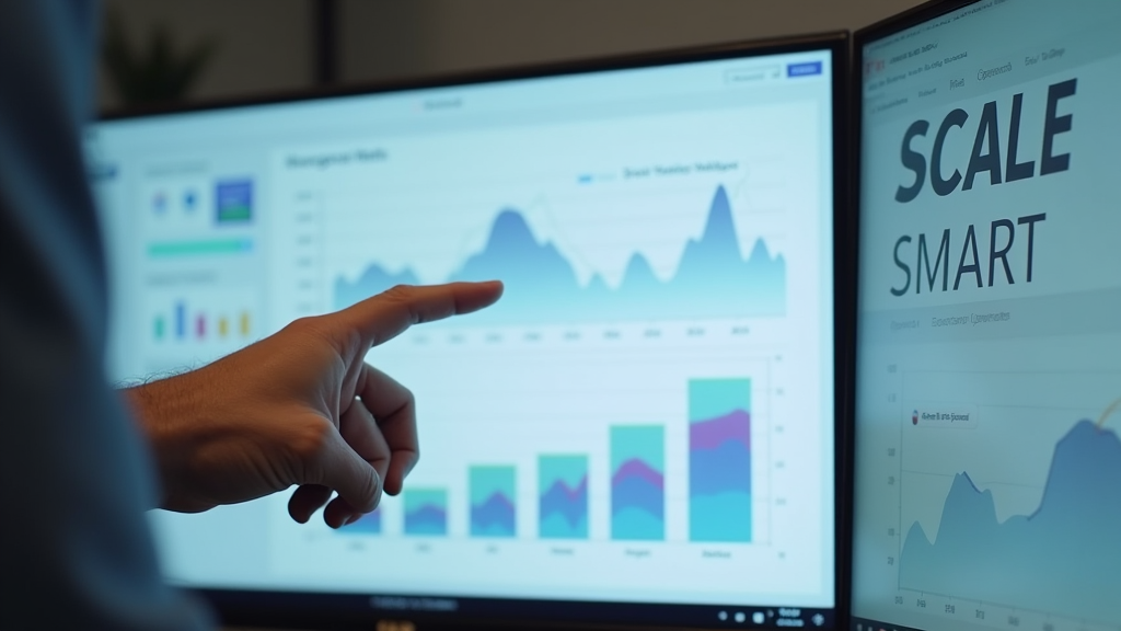 Close up shot of a dashboard screen showing operational metrics and automation workflows. A hand points to a growing metrics chart while another takes notes. Clean, minimal workspace setting. There's written "SCALE SMART" with large bold font on the screen corner.