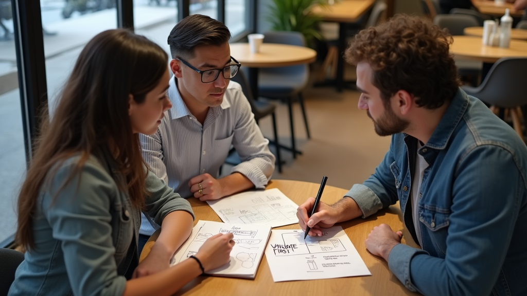 Medium shot of two entrepreneurs working together at a modern coffee shop. One is sketching a landing page layout on paper while the other points to specific elements. There's written "VALIDATE FIRST" with large bold font on the notebook page.