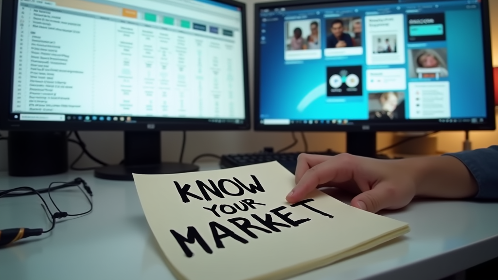 Close up shot of a desk with two monitors side by side. One screen shows a competitive analysis spreadsheet while the other displays various competitor websites. A hand points to key differences highlighted in the spreadsheet. There's written "KNOW YOUR MARKET" with large bold font on a notepad in the foreground.