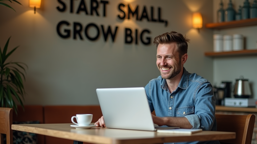 Medium shot of a small business owner sitting at a cozy coffee shop table with their laptop open. They're smiling while looking at a simple, clean dashboard showing growing email list numbers. A coffee cup and small notebook with goals written down sit nearby. There's written "START SMALL, GROW BIG" with large bold font on the wall behind.