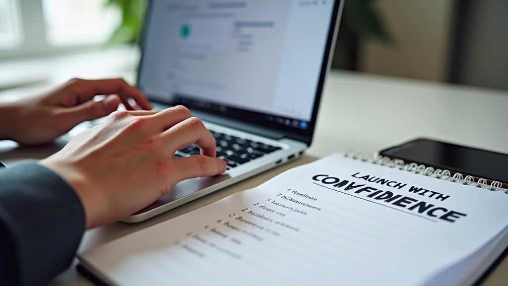 Close up shot of hands typing on a laptop keyboard with a landing page template visible on screen. A notebook with a checklist and a smartphone showing analytics data are visible beside the laptop. The workspace is clean and minimalist. There's written "LAUNCH WITH CONFIDENCE" with large bold font on the notebook page.