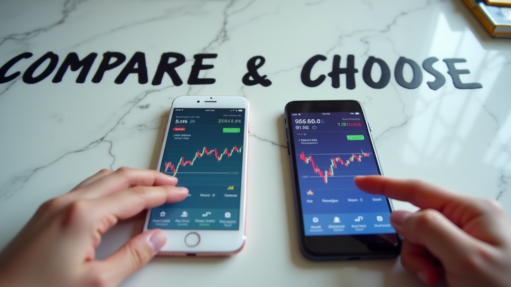 Medium shot of two smartphones side by side on a marble desk, each displaying different stock tracking interfaces with clear graphs and numbers