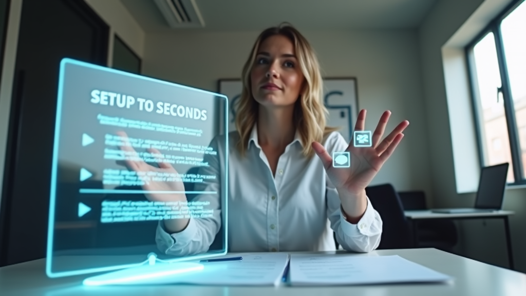 Medium shot of a focused professional sitting at a clean, modern desk. They're arranging digital cards in the air using hand gestures, representing waitlist setup steps. A holographic-style waitlist form floats in front of them. There's written "SETUP IN SECONDS" with large bold font on the floating interface.