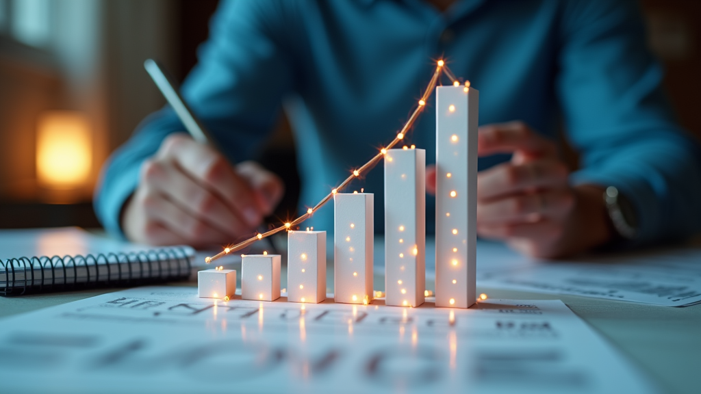 Close up shot of a business owner analyzing a physical 3D bar chart on their desk. The chart shows upward trending metrics with glowing points of data. A notebook with handwritten notes sits beside them. There's written "TRACK YOUR GROWTH" with large bold font on the largest bar of the chart.