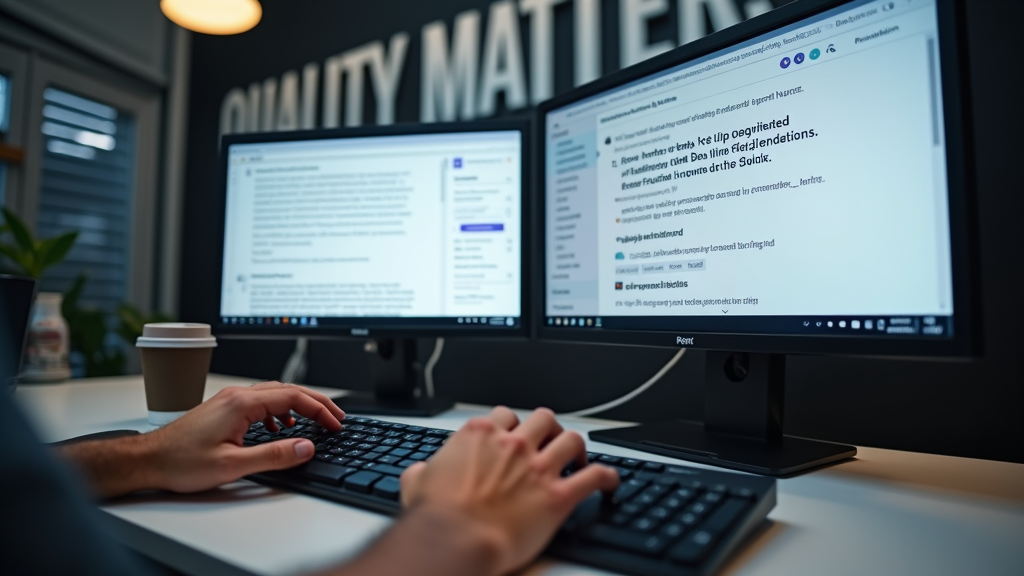 Close up shot of hands typing on a keyboard with a split screen monitor setup. One side shows original content while the other shows AI-generated content with quality metrics and suggestions. A cup of coffee sits nearby. There's written "QUALITY MATTERS" with large bold font on the wall behind the monitor.