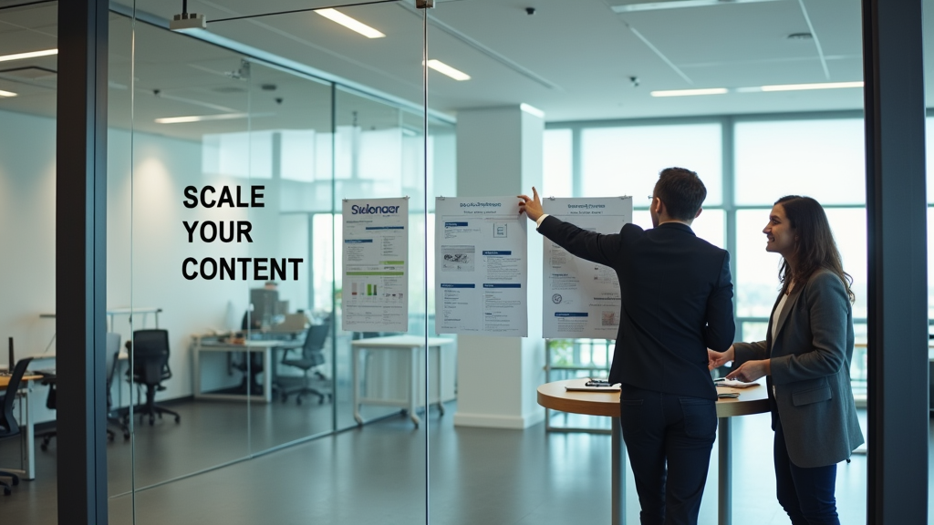 Wide shot of a modern office space where two professionals are collaborating at a standing desk, pointing at charts and content calendars pinned to a glass wall. A clean, minimalist workspace with natural light. There's written "SCALE YOUR CONTENT" with large bold font on the glass wall.