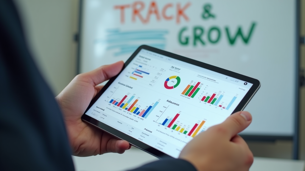 Close up shot of a professional analyst's hands pointing at a clean, minimalist dashboard showing conversion metrics. The person is using a tablet device with colorful charts visible. There's written "TRACK & GROW" with large bold font on the whiteboard behind.