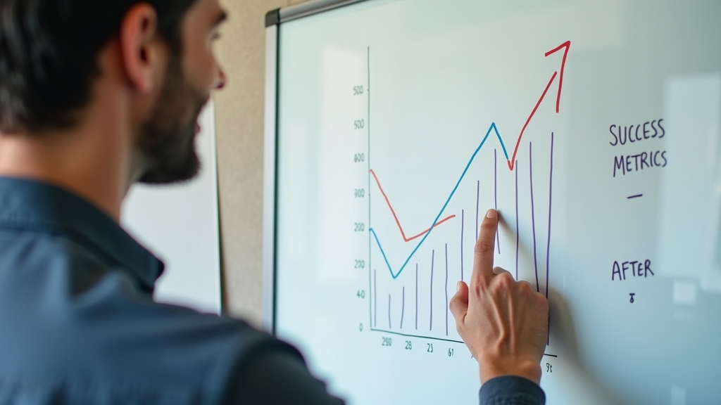 Medium shot of a successful business owner reviewing before and after conversion statistics. They're smiling while pointing at an upward trending graph on a clean whiteboard. There's written "SUCCESS METRICS" with large bold font on the whiteboard corner.