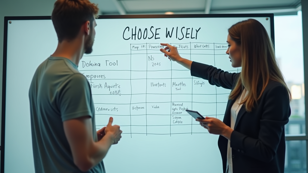 Medium shot of two professionals comparing different tools on a modern glass whiteboard. One person is pointing to a well-organized comparison chart while the other takes notes. The whiteboard shows clear categories and features. There's written "CHOOSE WISELY" with large bold font on the whiteboard.