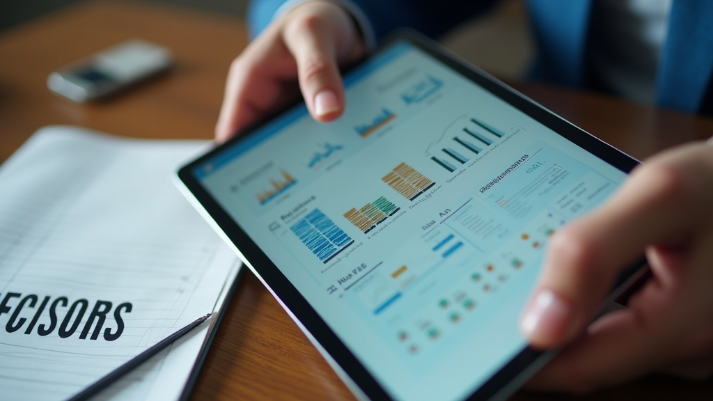 Close up shot of a business person's hands using a tablet showing ROI calculations and metrics. A notebook with a checklist of requirements is visible beside it. There's written "SMART DECISIONS" with large bold font on the notebook page.