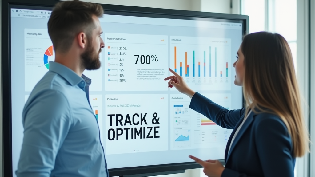 Medium shot of a professional analyst examining a clean, modern dashboard with charts and metrics. The person is pointing at key performance indicators with a confident expression. There's written "TRACK & OPTIMIZE" with large bold font on the whiteboard beside them.