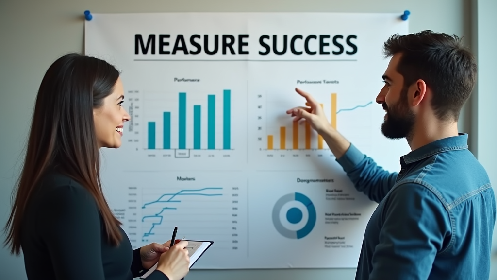 Close up shot of two marketing professionals reviewing performance metrics on a large wall chart. One person is making notes while the other is explaining the trends with positive body language. There's written "MEASURE SUCCESS" with large bold font on the chart's header.