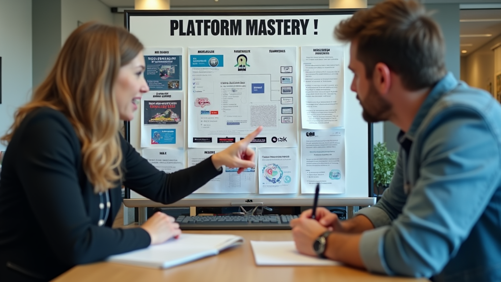 Medium shot of two people collaborating at a desk, one pointing at a creative mood board with different social media platform logos and content examples arranged neatly