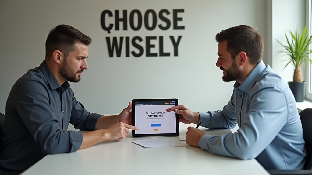 Medium shot of two entrepreneurs having a focused discussion at a clean, minimal desk