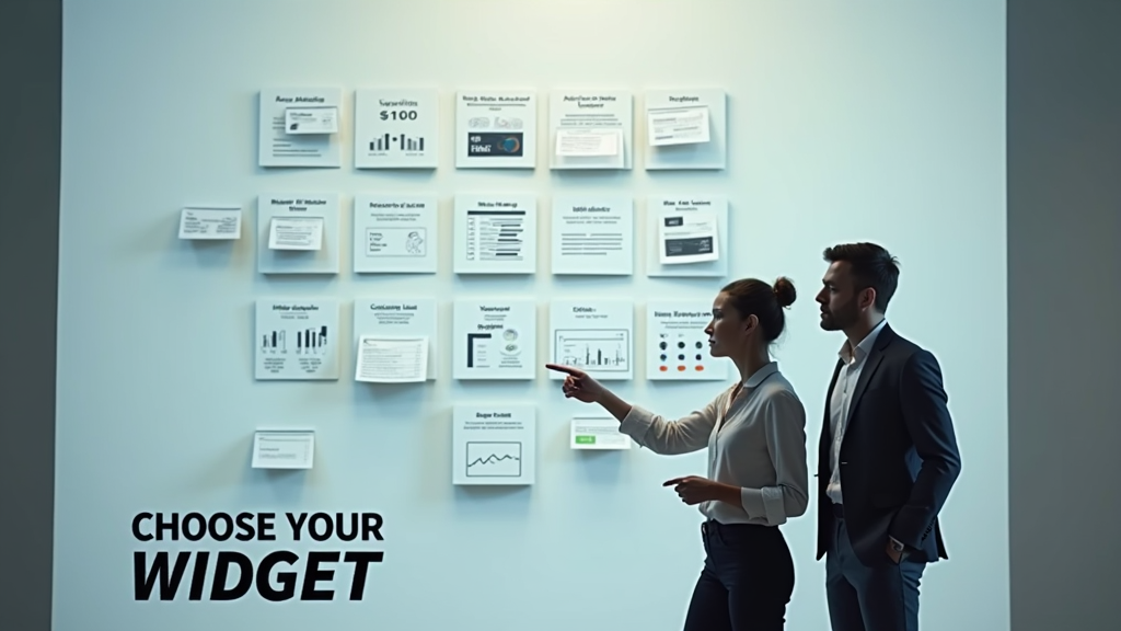 Medium shot of two people discussing in front of a clean, minimalist wall with different types of financial widgets floating in an organized grid pattern