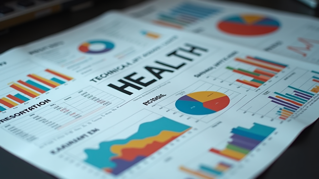 Medium shot of a web developer analyzing a detailed technical SEO report on their desk. Various colorful charts and graphs are spread out showing website performance metrics. There's written "TECHNICAL HEALTH" with large bold font on the report cover.