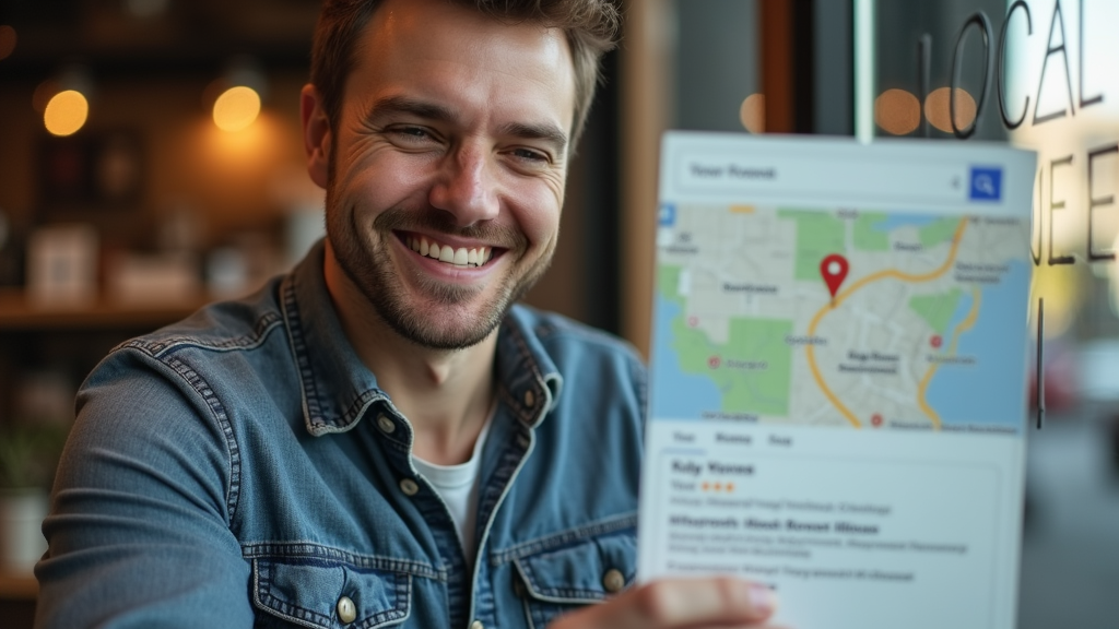 Close up shot of a small business owner smiling while looking at a local search result showing their business at the top of Google Maps. A "Top Rated" badge is visible next to their listing. There's written "LOCAL CHAMPION" with large bold font on the window of their shop.