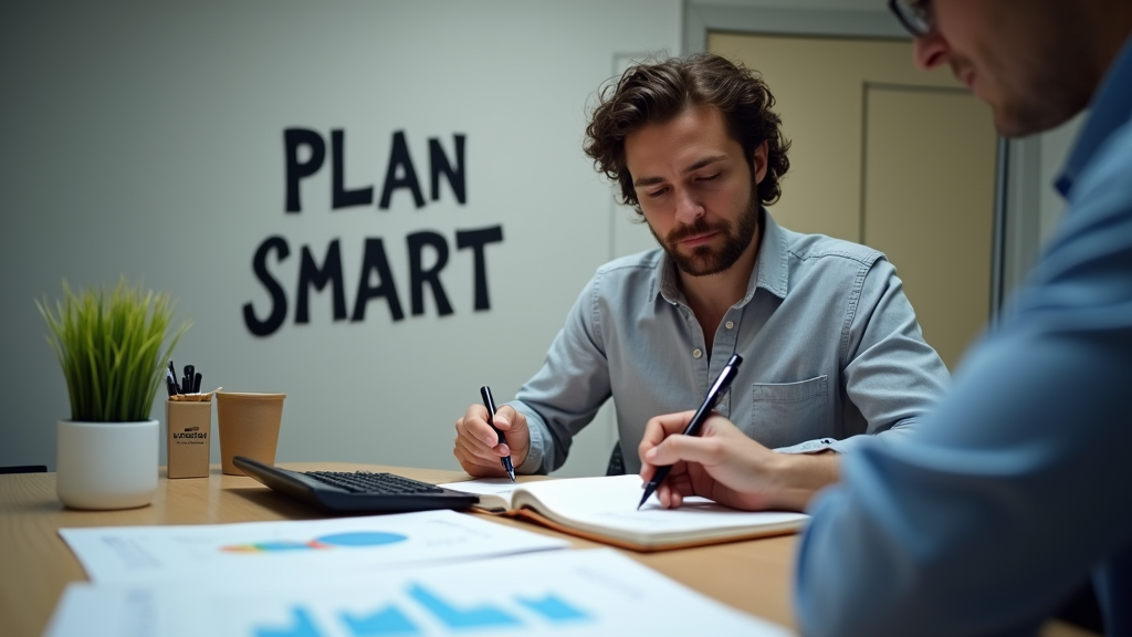 Medium shot of an entrepreneur at a desk with a calculator and spreadsheets