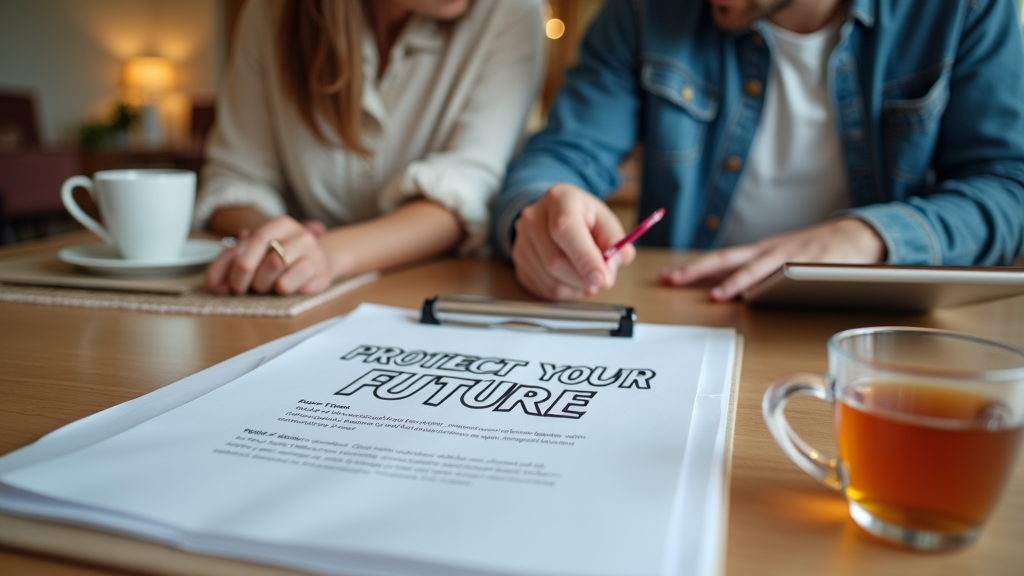 Close up shot of a young couple sitting at their dining table, reviewing insurance documents together. One person points to a specific section while the other takes notes. A cup of tea and a tablet device are visible on the table. There's written "PROTECT YOUR FUTURE" with large bold font on the document folder.