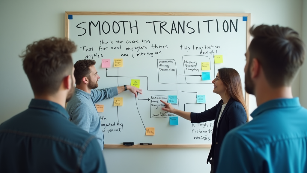 Wide shot of a team gathered around a whiteboard with a migration flowchart drawn on it