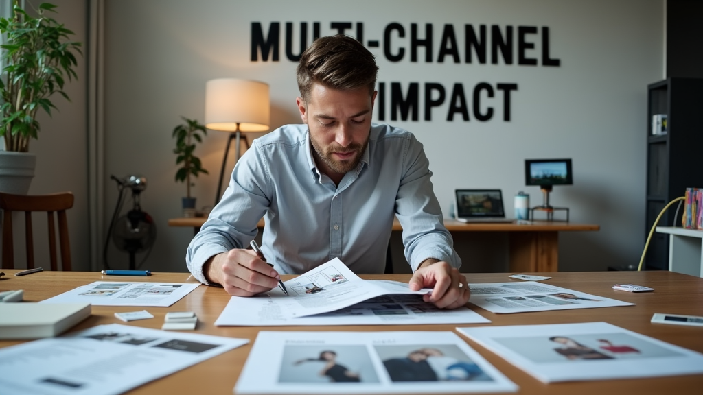 Medium shot of a creative professional at their desk organizing different marketing materials