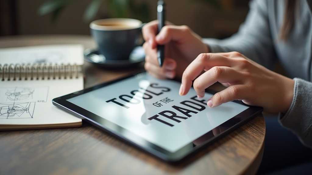 Close up shot of a designer's hands using a tablet with a stylus, working on a social media template