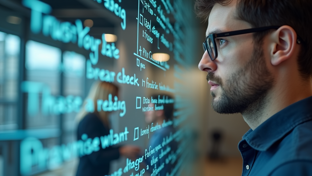 Close up shot of a determined data analyst examining a transparent glass board with complex data quality metrics and verification checkpoints drawn on it