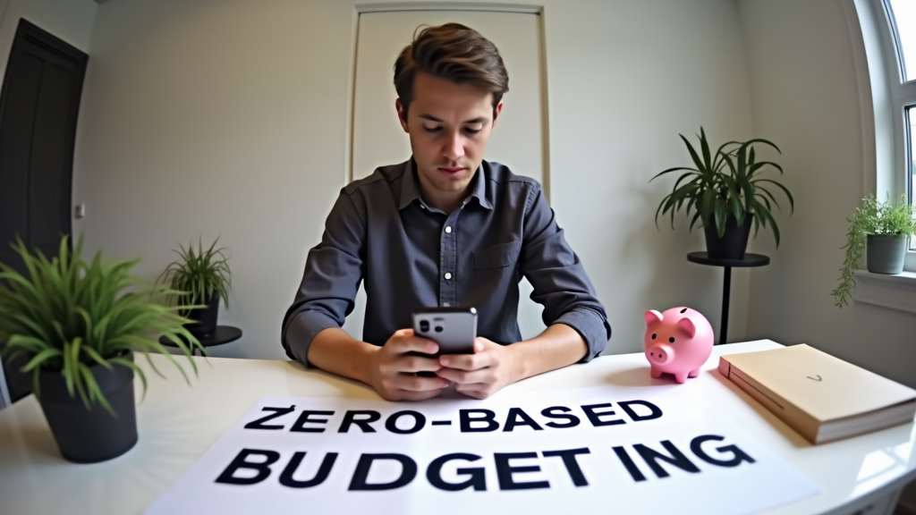 Medium shot of a young professional sitting at a modern desk with a minimalist setup, actively organizing their monthly budget categories on their phone. A small piggy bank sits nearby. There's written "ZERO-BASED BUDGETING" with large bold font on the desk surface.