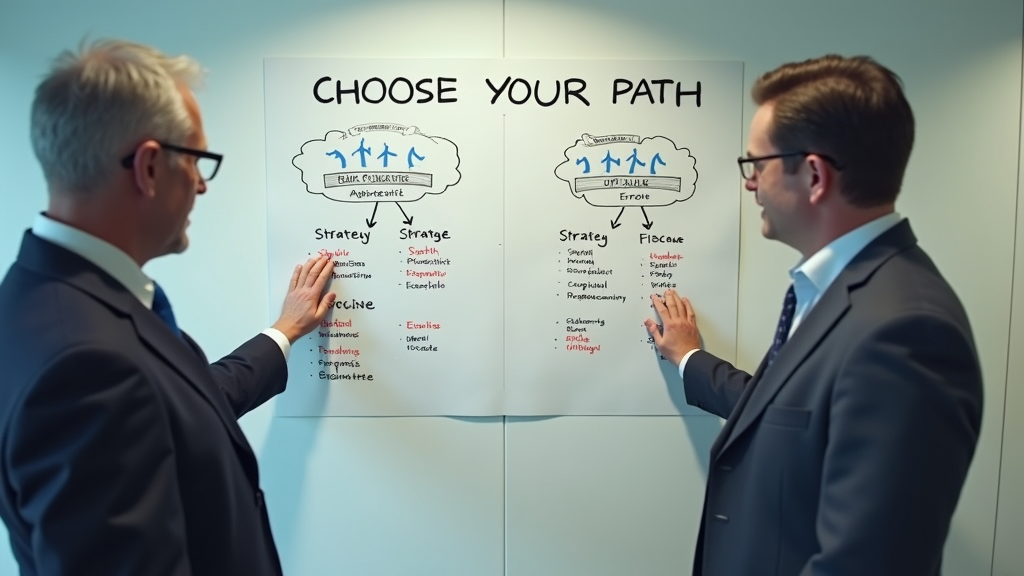 Medium shot of two business people standing at a modern office wall, comparing two distinct strategy diagrams