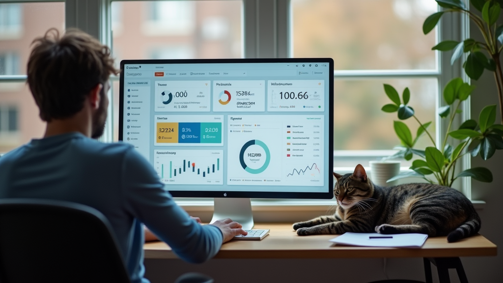 Medium shot of an entrepreneur working from a home office, interacting with a sleek dashboard displaying various financial widgets and stock trackers