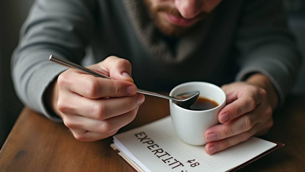 Close up shot of a professional coffee taster making notes while examining a cup of coffee