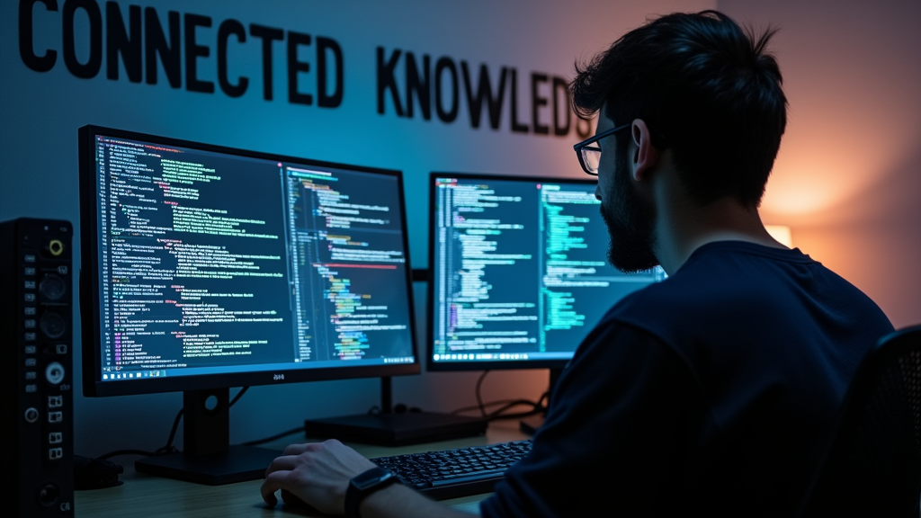 Medium shot of a developer using multiple connected monitors