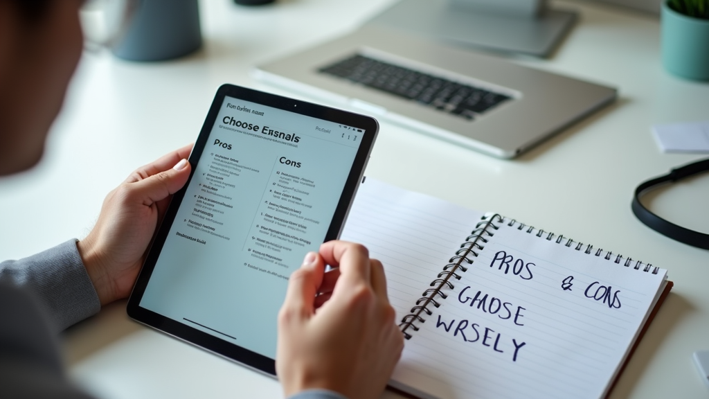 Close up shot of a person's hands comparing features on a modern tablet device