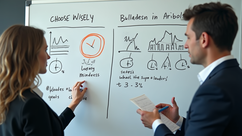 Medium shot of two business professionals comparing data on a whiteboard with clear comparison charts