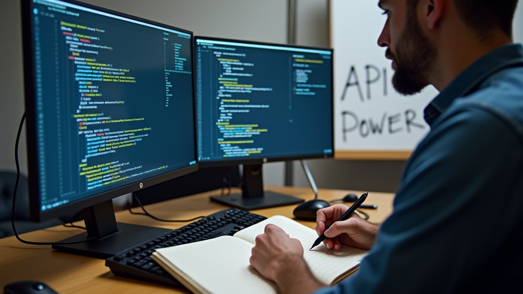 Medium shot of a developer's desk with two monitors showing code snippets and API documentation
