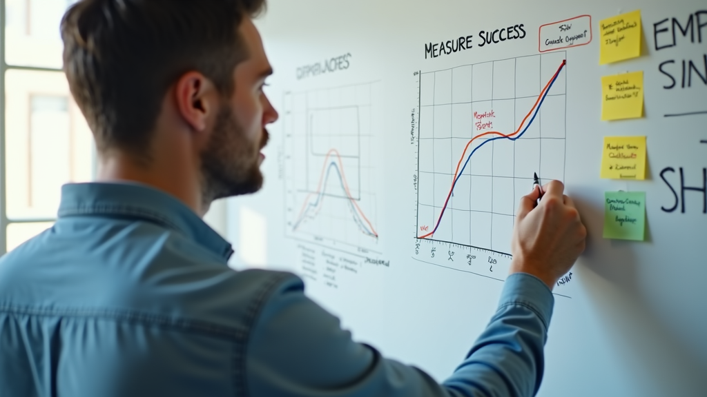 Medium shot of a focused product manager analyzing data on a whiteboard