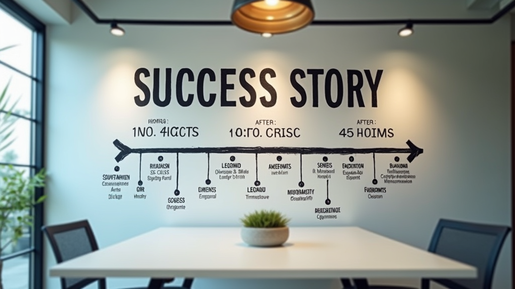 Close up shot of a startup office wall with success journey timeline painted on it