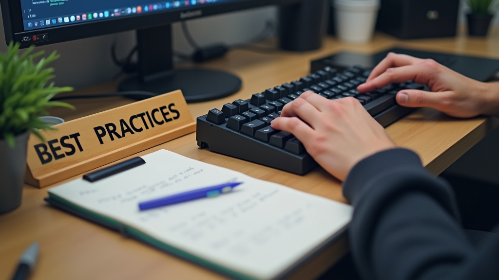 Close up shot of a developer's hands typing on a mechanical keyboard while reviewing code on a notepad beside them