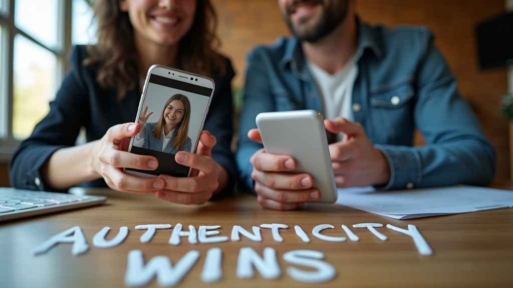 Medium shot of two business owners comparing content on their phones, one showing a polished professional ad and the other showing an authentic customer review video. Their expressions show clear preference for the authentic content. There's written "AUTHENTICITY WINS" with large bold font on the desk surface.