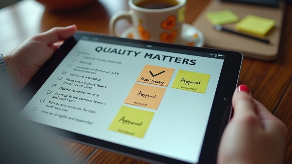 Close up shot of a content manager reviewing UGC submissions on a tablet, with a checklist of quality guidelines visible. The scene shows organized sticky notes with approval criteria and a cup of tea nearby. There's written "QUALITY MATTERS" with large bold font on the notepad beside them.