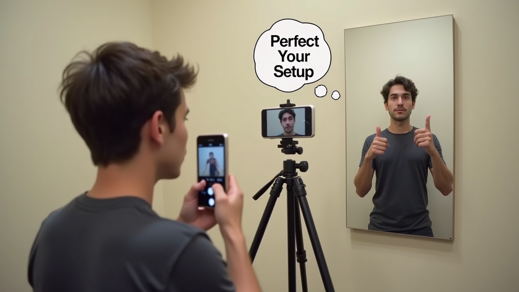 Medium shot of a person carefully setting up a self-portrait photo against a neutral wall. They are adjusting their phone camera on a tripod while a thought bubble shows proper pose and lighting techniques. There's written "Perfect Your Setup" with large bold font on the bottom left corner.