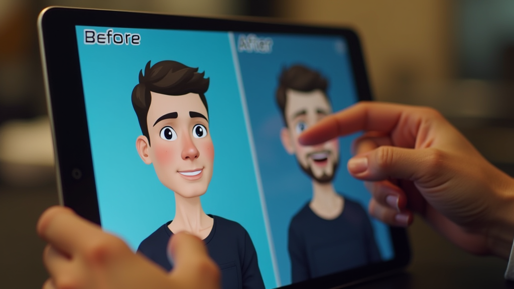 Close up shot of hands using a tablet with a split screen showing before and after of an AI avatar customization. The hands are making precise adjustments while the avatar transforms in real-time. There's written "Customize Your Avatar" with large bold font on the top left corner.