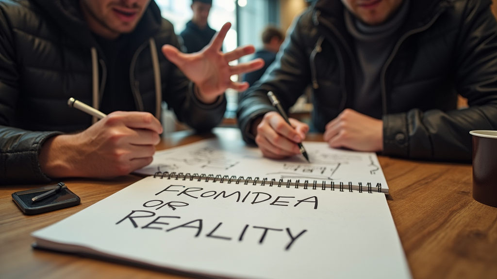 Medium shot of two indie developers collaborating at a coffee shop, sketching out game mechanics on paper